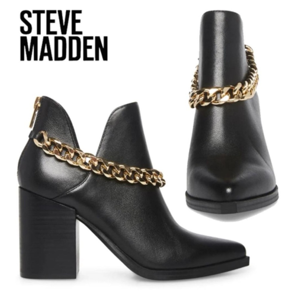 NEW Steve Madden Cedar Black Leather Heeled Boots with Chain Size 8.5